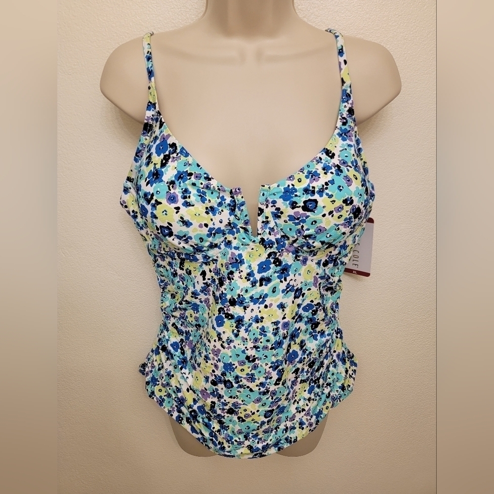 NWT Anne Cole Blue Ditsy Floral Tankini Top Only (No Bottoms)